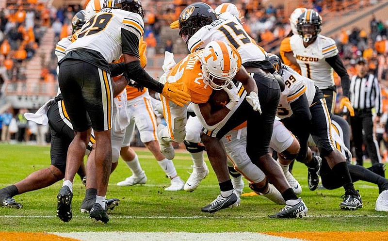 Tennessee Athletics photo / Tennessee freshman running back Dylan Sampson scores from 2 yards out with 36 seconds remaining in Saturday’s 66-24 mauling of Missouri.