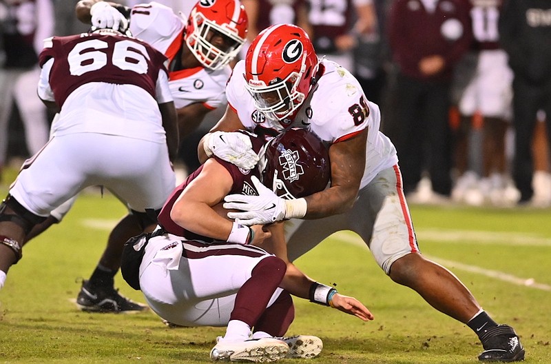 Georgia photo by Rob Davis / Georgia junior defensive tackle Jalen Carter helped the top-ranked Bulldogs smother Mississippi State 45-19 last Saturday night in Starkville by tallying seven tackles and 1.5 tackles for loss.