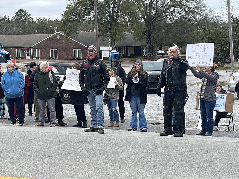 Contributed photo / Protesters gather in opposition to a drag brunch show Sunday open to all ages at Chattanooga's Seed Theatre. The group included members of Patriot Front, as well as Tennessee Neighbors for Liberty.