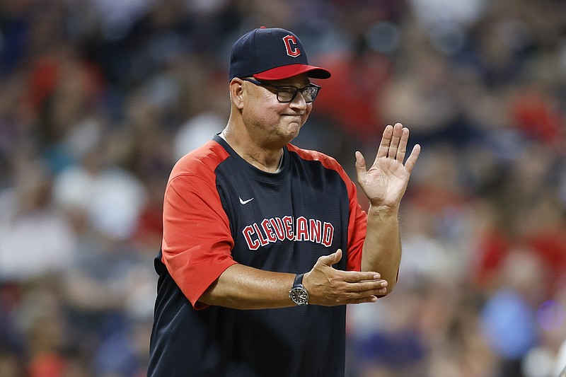 FILE - Cleveland Guardians manager Terry Francona makes a pitching change during the fifth inning of the team's baseball game against the Houston Astros, Aug. 4, 2022, in Cleveland. Francona was voted the American League Manager of the Year on Tuesday night, Nov. 15, winning the award for the third time in 10 seasons after leading the Guardians to the AL Central title. Francona received 17 of 30 first-place votes and nine second-place votes for 112 points from a Baseball Writers’ Association of America panel. (AP Photo/Ron Schwane, File)