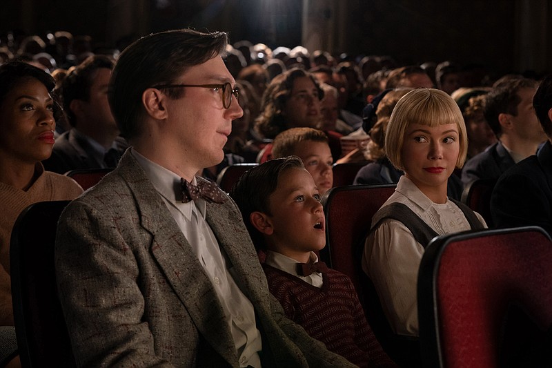 From left, Paul Dano, Mateo Zoryan Francis-DeFord and Michelle Williams in "The Fabelmans," co-written, produced and directed by Steven Spielberg.  Merie Weismiller Wallace/Universal Pictures and Amblin Entertainment/TNS
