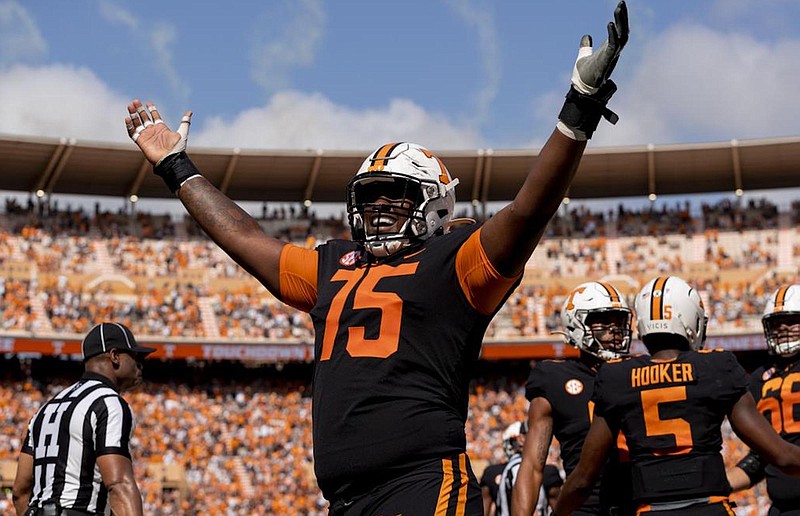 Tennessee Athletics photo by Andrew Ferguson / Tennessee left guard Jerome Carvin celebrates a touchdown during last season’s 45-20 demolishing of South Carolina inside Neyland Stadium.
