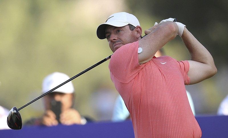 AP photo by Martin Dokoupil / Rory McIlroy tees off on the 18th hole Saturday during the third round of the DP World Tour Championship in Dubai. Jon Rahm won the tournament Sunday as McIlroy finished fourth, but that was good enough to finish atop the season points list on the Europe-based circuit.