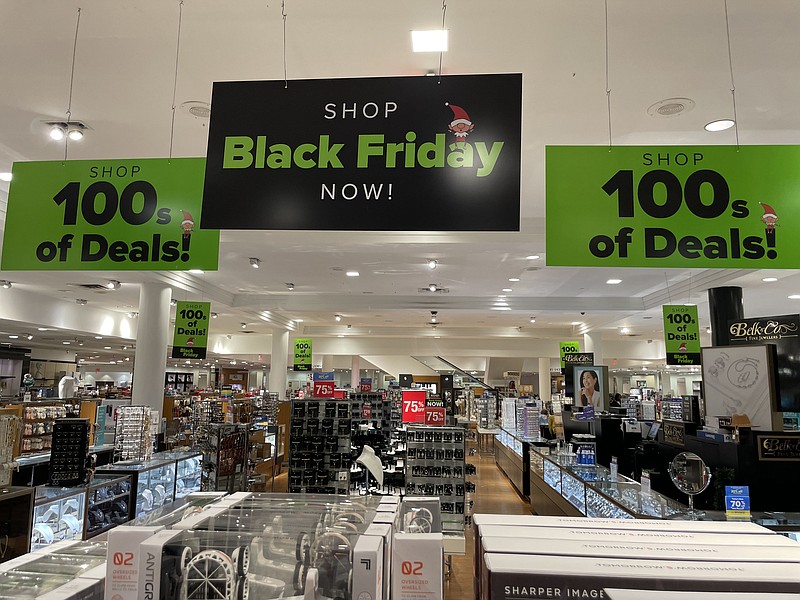 Staff photo by Dave Flessner / As seen on Tuesday, Belk at Hamilton Place mall advertises its Black Friday sales. The mall will open at 7 a.m. Friday for the Black Friday sales and the traditional kickoff for the holiday shopping season.