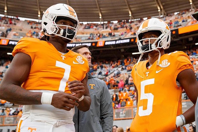 Tennessee Athletics photo by Andrew Ferguson / Joe Milton III, left, will take over as Tennessee’s starting quarterback after Hendon Hooker suffered a season-ending knee injury during Saturday night’s 63-38 loss at South Carolina.