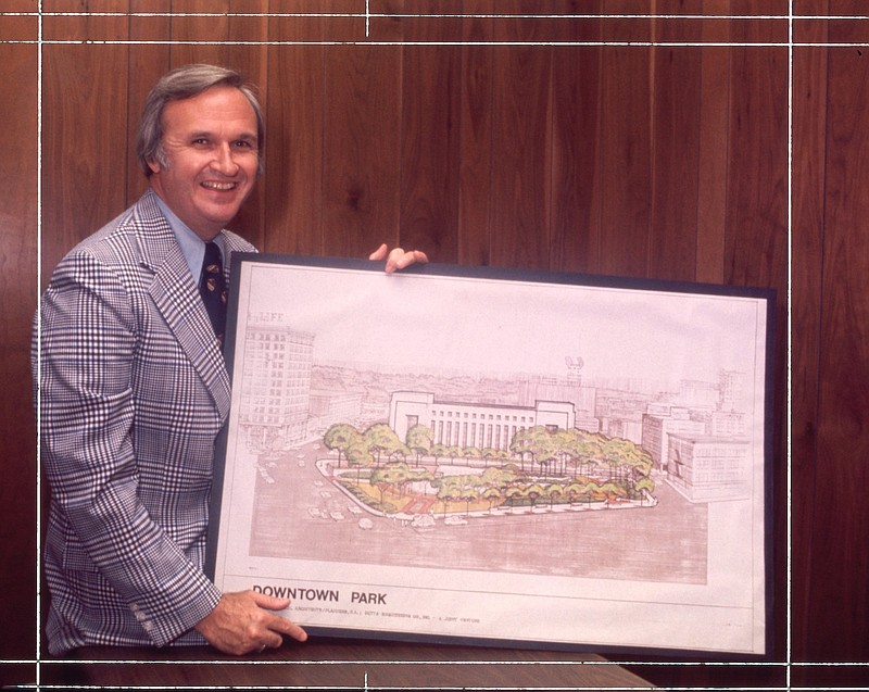 File photo from the Chattanooga News-Free Press via ChattanoogaHistory.com / In this 1975 photo, former Chattanooga Mayor Robert Kirk Walker holds a sketch of Downtown Park (later renamed Miller Park), which opened the following year.