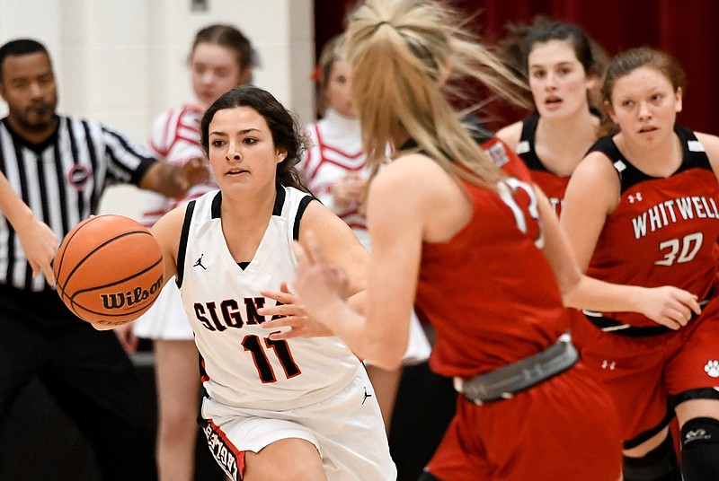 Staff Photo by Robin Rudd / Signal's Cassidy Pawson (11) heads downcourt after a rebound. The Signal Mountain Eagles hosted the Whitwell Tigers in TSSAA girls' basketball on January 27, 2022.