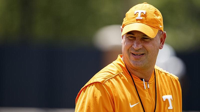 KNOXVILLE, TN - AUGUST 06, 2019 - Head Coach Jeremy Pruitt of the Tennessee Volunteers during 2019 Fall Training Camp practice on Haslam Field in Knoxville, TN. Photo By Caleb Jones/Tennessee Athletics