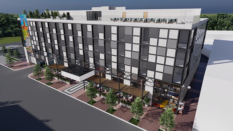 Rendering by Gonzalez Architects / A rendering shows a planned Hyatt hotel that's slated to go in downtown Chattanooga's Southside. The hotel is to hold an outside cafe along West Main Street and rooftop seating.