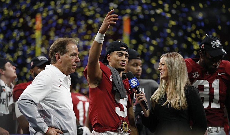 Crimson Tide photos by Evan Pilat / Alabama coach Nick Saban and quarterback Bryce Young are interviewed following last December’s 41-24 win over Georgia in the Southeastern Conference championship game.