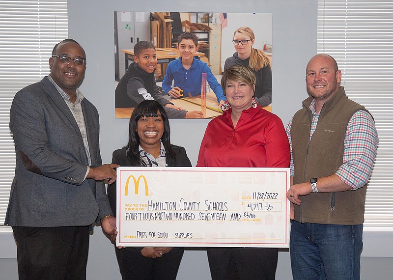 Photo Courtesy Of Chad Wilson / A check for $4,217 from the McDonald’s Fries for School Supplies local fundraiser was recently presented to the Hamilton County Schools. From left, are McDonald’s owner-operator Jabari Daughtry, Keonna Daughtry, Hamilton County Schools Foundation Executive Director Krissa Barclay and McDonald’s owner-operator Steven Overby.