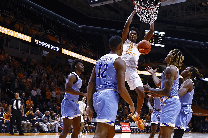 AP photo by Wade Payne / Tennessee freshman forward Julian Phillips dunks for two of his 12 points during Wednesday night’s 76-40 rout of McNeese inside Thompson-Boling Arena.