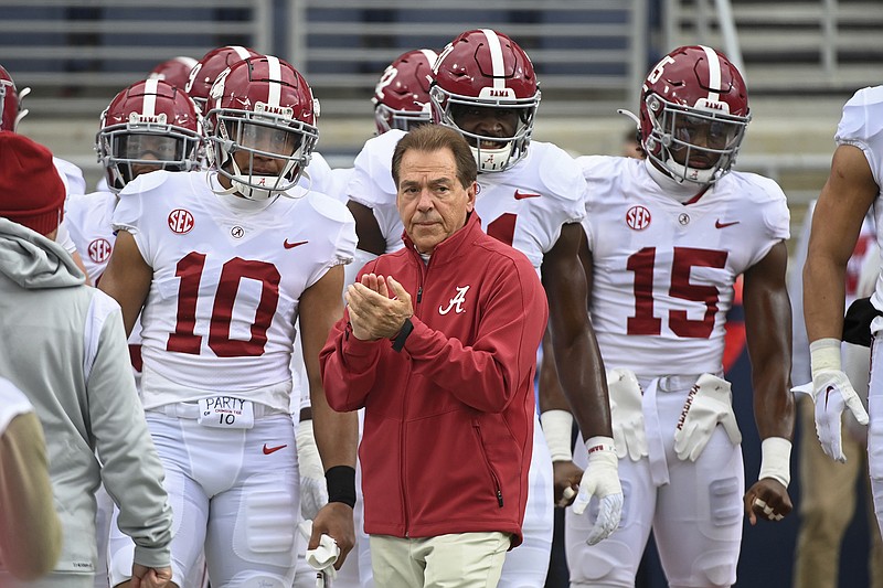 AP file photo by Thomas Graning / Alabama football coach Nick Saban spent conference championship Saturday making the media rounds and making his case for the Crimson Tide as one of the four teams in this season's College Football Playoff.