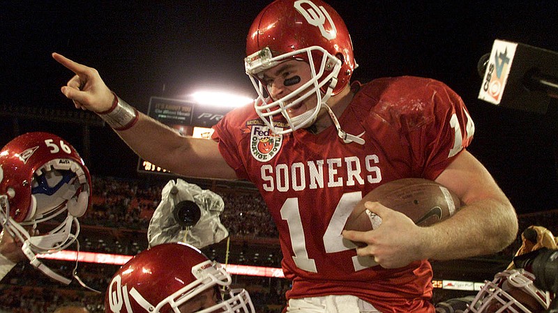 Oklahoma Athletics photo / Former Oklahoma quarterback and current Tennessee second-year coach Josh Heupel is carried off the field after the Sooners defeated Florida State in the BCS championship game of the 2000 season in Miami.