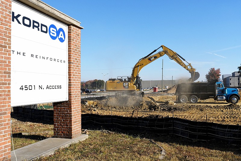 Staff File Photo by Robin Rudd /  A Wright Brothers Construction hydraulic excavator loads earth into a dump truck off Access Road in Hixson.  Ground was broken Oct. 24, 2022, for the North River Commerce Center on 88 acres surrounding the Kordsa (formerly DuPont) facility.