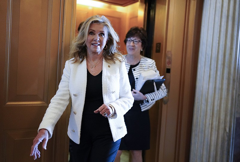 File photo/J. Scott Applewhite/The Associated Press / Sen. Marsha Blackburn, R-Tenn., arrives for a vote at the Capitol in Washington, on Tuesday, July 19, 2022. Blackburn led a bipartisan group of colleagues in advocating for the Speak Out Act, which prohibits the use of nondisclosure agreements in cases involving sexual assault and sexual harassment. President Joe Biden signed the legislation.