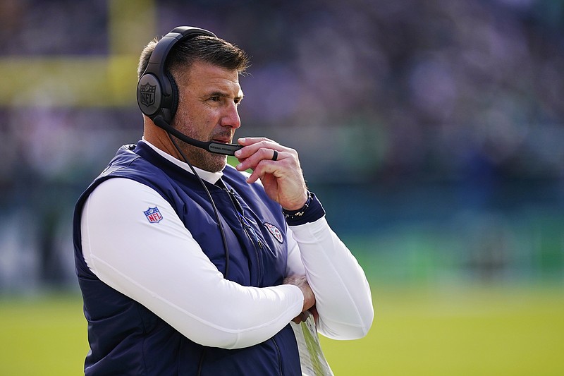 AP photo by Chris Szagola / Tennessee Titans coach Mike Vrabel, shown during Sunday's road loss to the Philadelphia Eagles, spent his news conference Wednesday responding to questions about the firing of general manager Jon Robinson by team owner Amy Adams Strunk the day before.