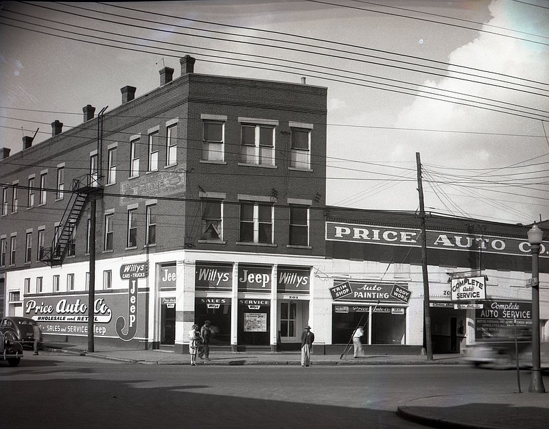 News-Free Press archive photo by Delmont Wilson via ChattanoogaHistory.com / Thomas V. Price was the owner of this auto dealership on East Main Street, which flourished in the 1940s and 1950s. It was the city's original Jeep dealership, seen here in 1946.