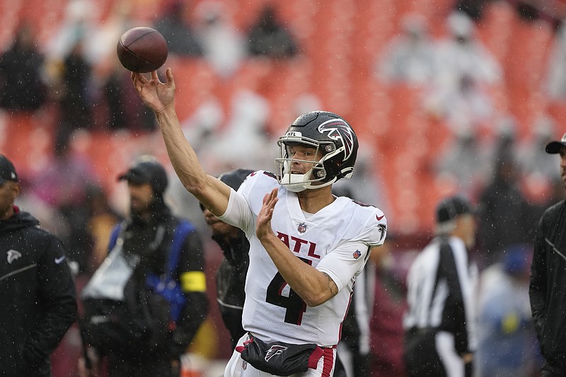 AP photo by Alex Brandon / Atlanta Falcons rookie quarterback Desmond Ridder warms up before a game against the Washington Commanders on Nov. 27 in Landover, Md.