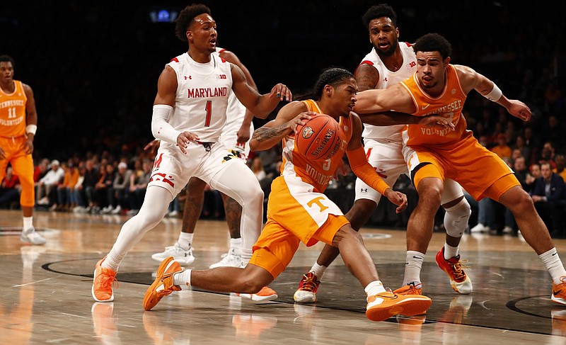 Tennessee Athletics photo / Tennessee sophomore guard Zakai Zeigler drives to the basket during Sunday’s 56-53 topping of No. 13 Maryland at the Barclays Center in Brooklyn, New York. Zeigler led the No. 7 Volunteers with 12 points.