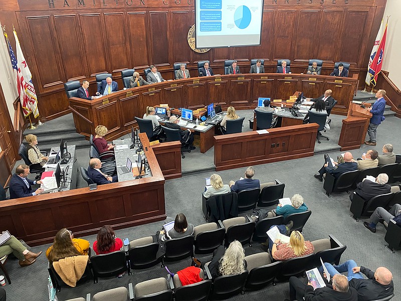 Staff Photo by Robin Rudd / Mike Smith far right, of the Chattanooga Homeless Coalition, gives a presentation at the Hamilton County Commission's Wednesday meeting.