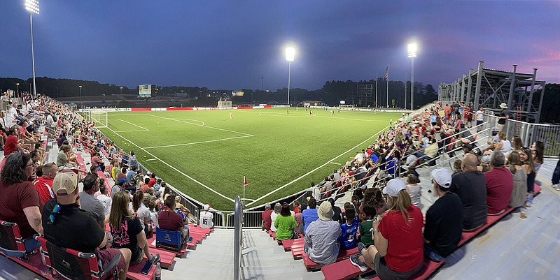 Times Free Press photo by Mark Kennedy. This April 2021 photo shows soccer fans at a Chattanooga Red Wolves game in East Ridge.