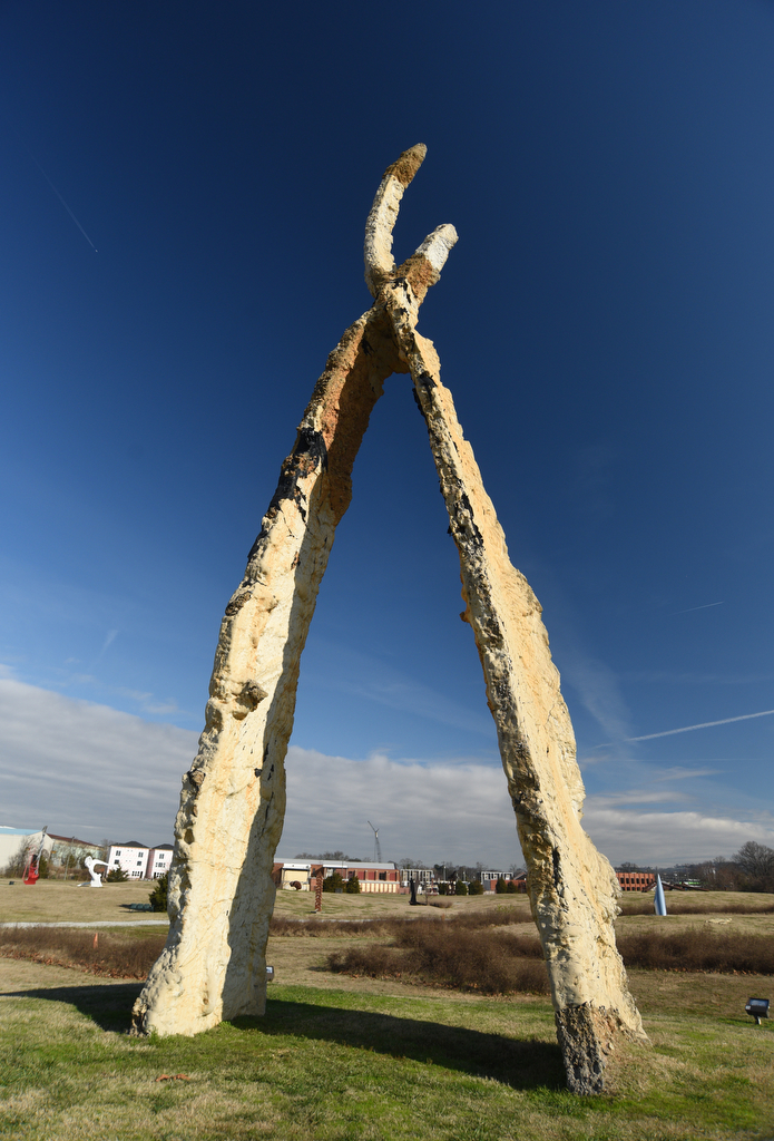Staff photo by Matt Hamilton / A 65-foot tall sculpture titled "Anchors" is seen at Montague Park on Wednesday.