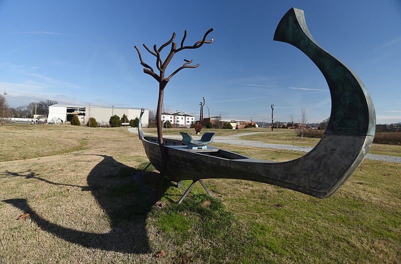 Staff photo by Matt Hamilton / A sculpture titled "Some Waves Spark Stone" at Montague Park on Wednesday.