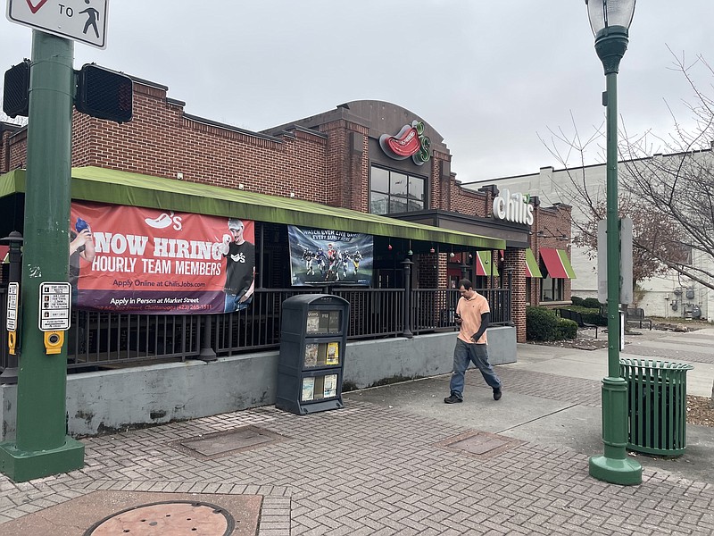 Staff Photo by Dave Flessner / The Chili's Grill & Bar in downtown Chattanooga was advertising for more workers Thursday as unemployment in Hamilton County remains below both the state and national averages.