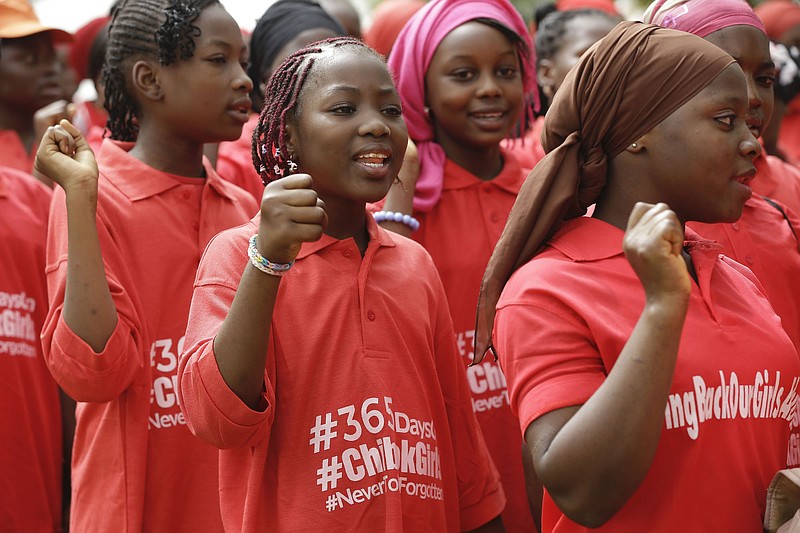 Young girls known as Chibok Ambassadors demonstrate on April 14, 2015, in support of the girls kidnapped from the government secondary school in Chibok the year before. /File/AP Photo/Sunday Alamba