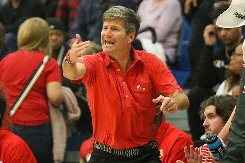 Staff photo by Olivia Ross / Baylor boys' basketball coach Mark Price yells from the sideline during the Red Raiders' Best of Preps tournament semifinal against Tyner on Thursday at Chattanooga State.