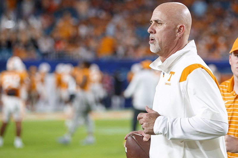 Tennessee Athletics photo by Kate Luffman / Tennessee secondary coach Willie Martinez watches his defensive backs warm up for the Orange Bowl against Clemson on Dec. 30. Martinez, who turns 60 next month, puts the recent 11-2 season by the Volunteers at the top of his coaching career.