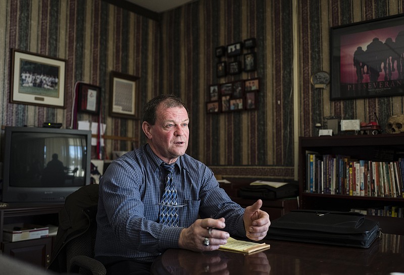 Staff Photo / Then-Principal Gary Kuehn talks in his office at Hamilton County High School in 2017, in Harrison, Tenn. The Chattanooga Times Free Press learned Tuesday that indecent exposure charges against Kuehn, now a member of the Hamilton County Board of Education, had been dismissed.
