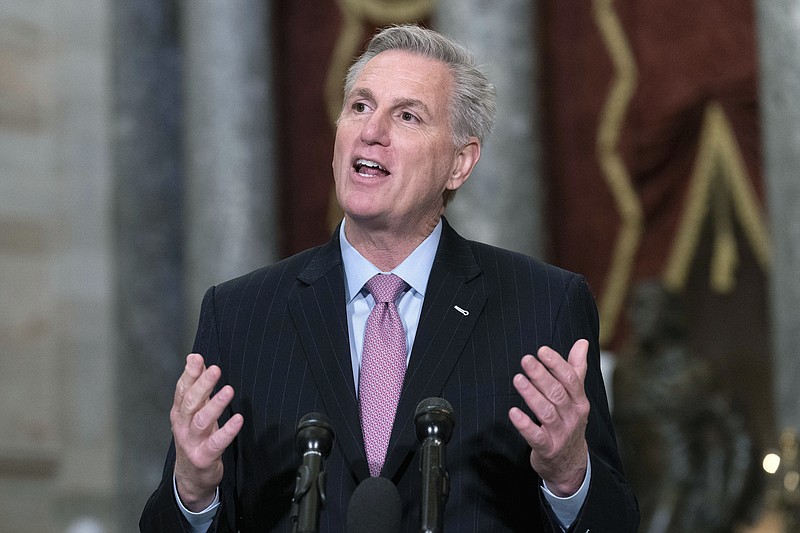 Photo/Jose Luis Magana/The Associated Press / Speaker of the House Kevin McCarthy, R-Calif., speaks during a news conference in Statuary Hall at the Capitol in Washington on Thursday, Jan.12, 2023.