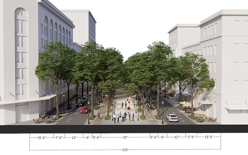 Rendering by Dover Kohl / One vision of Broad Street shows a wide walking space, or a promenade, in the center of the road. That space would become full of activity including pedestrians, cafe seating and music, officials said.