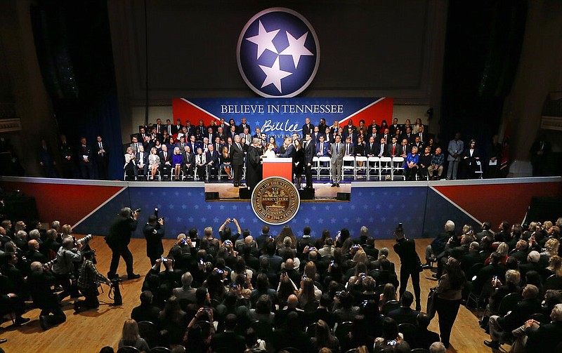 Tennessee Gov. Bill Lee takes the oath of office in War Memorial Auditorium in 2019 in Nashville. (AP Photo/Mark Humphrey)