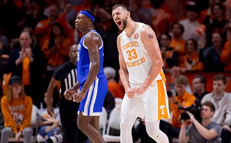 Tennessee Athletics photo / Tennessee 7-foot-1 senior forward Uros Plavsic celebrates during his 19-point performance in Saturday’s 63-56 loss to visiting Kentucky.