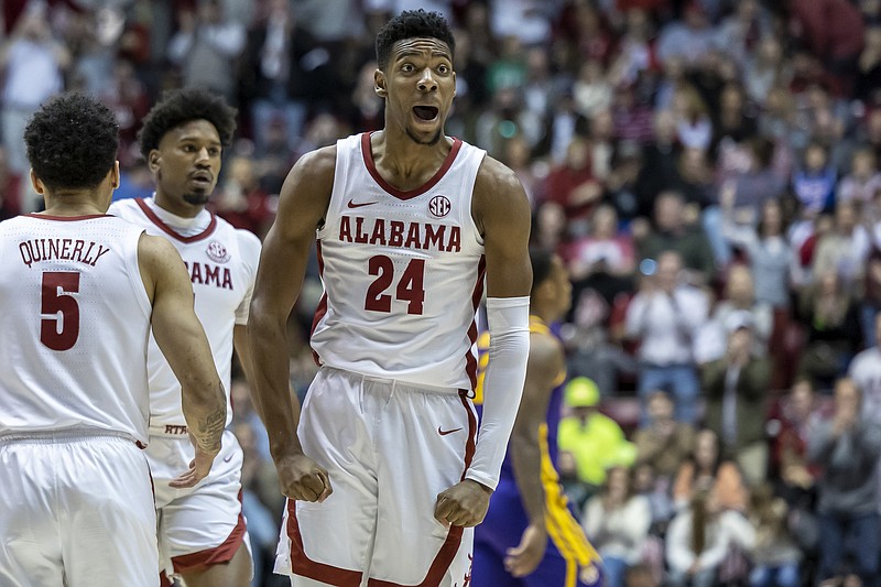 AP photo by Vasha Hunt / Alabama forward Brandon Miller celebrates after a 3-pointer during Saturday's home win against LSU.