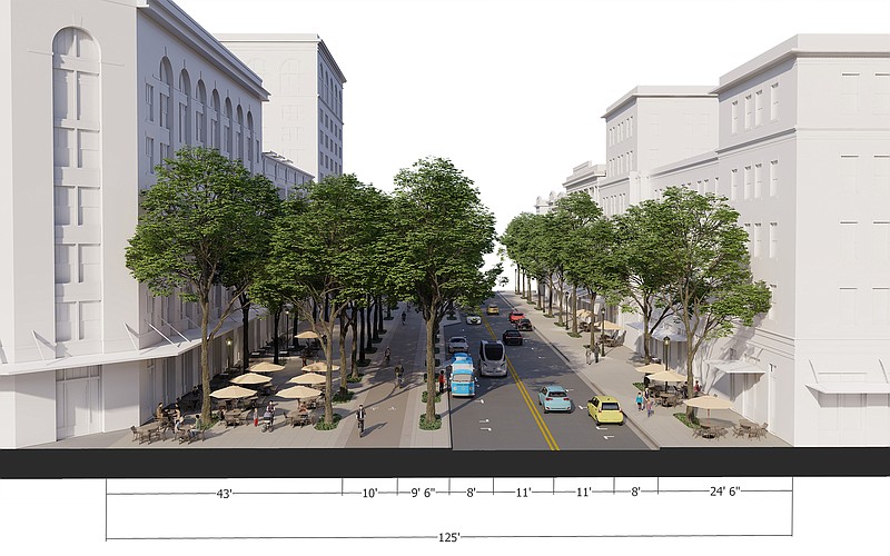 Rendering by Dover Kohl / This vision of Broad Street shows two-way traffic on one side with the other side lined by a supersized sidewalk with park-like features for pedestrians, dining and bicyclists.