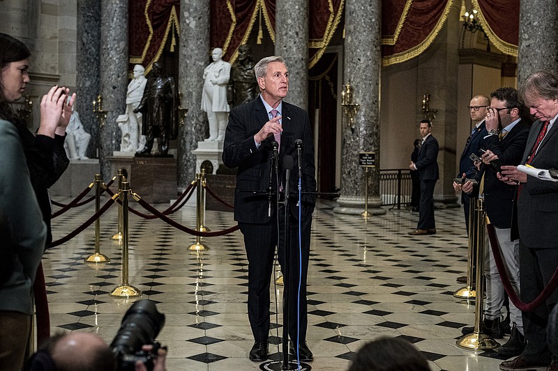 Photo/Haiyun Jiang/The New York Times / House Speaker Kevin McCarthy, R-Calif., speaks to reporters during a news conference in Statuary Hall on Capitol Hill in Washington on Thursday, Jan. 12, 2023. McCarthy has said it is President Biden and his allies who are acting recklessly about the debt ceiling.