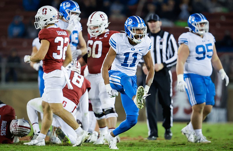 BYU Athletics photo / Former Brigham Young cornerback Gabe Jeudy-Lally celebrates a defensive stop during a November win over Stanford. Jeudy-Lally entered the transfer portal in late December and committed to Tennessee on Thursday.