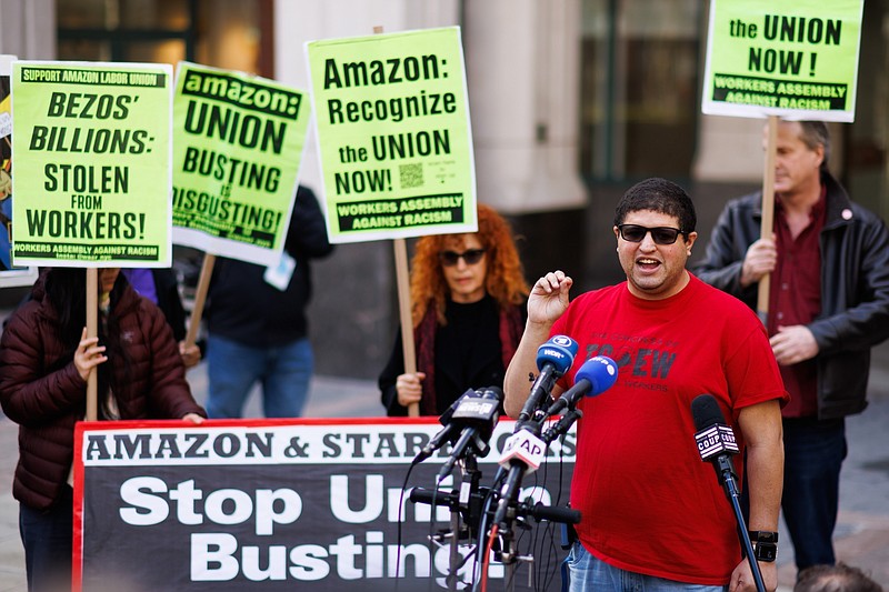 AP Photo by Eduardo Munoz Alvarez / Amazon JFK8 distribution center union organizer Jason Anthony speaks to media April 1 in the Brooklyn borough of New York. The U.S. union membership rate reached an all-time low in 2022, despite high-profile unionization campaigns at Starbucks, Amazon and other companies. Union members fell to 10.1% of the overall workforce, according to the U.S. Bureau of Labor Statistics. That was down slightly from 10.3% in 2021.