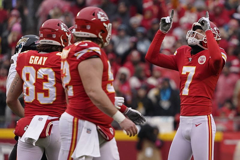 AP photo by Ed Zurga / Kansas City Chiefs kicker Harrison Butker (7) celebrates a field goal during Saturday's home win against the Jacksonville Jaguars in the divisional round of the AFC playoffs.