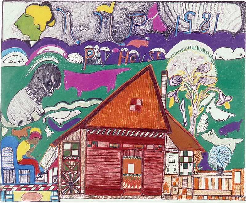 Nellie Mae Rowe (American, 1900–1982), "Pay House," 1981, crayon, marker, and pencil on paper, 24¾ x 29½ inches, High Museum of Art, gift of Judith Alexander, 2003. © 2023 Estate of Nellie Mae Rowe/High
Museum of Art, Atlanta.