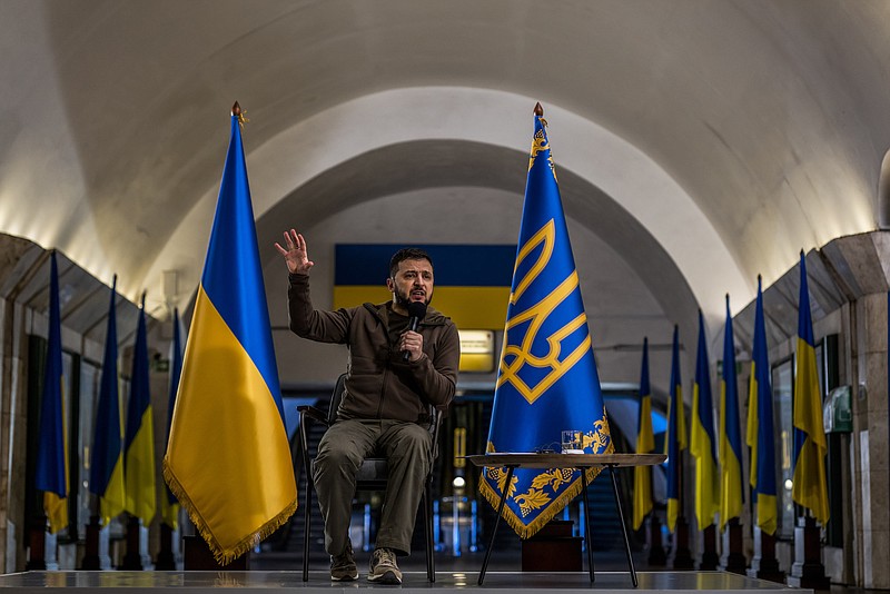 File photo/Daniel Berehulak/The New York Times / President Volodymyr Zelenskyy of Ukraine holds a news conference at a subway station in Kyiv on Saturday, April 23, 2022 in Kyiv, Ukraine.