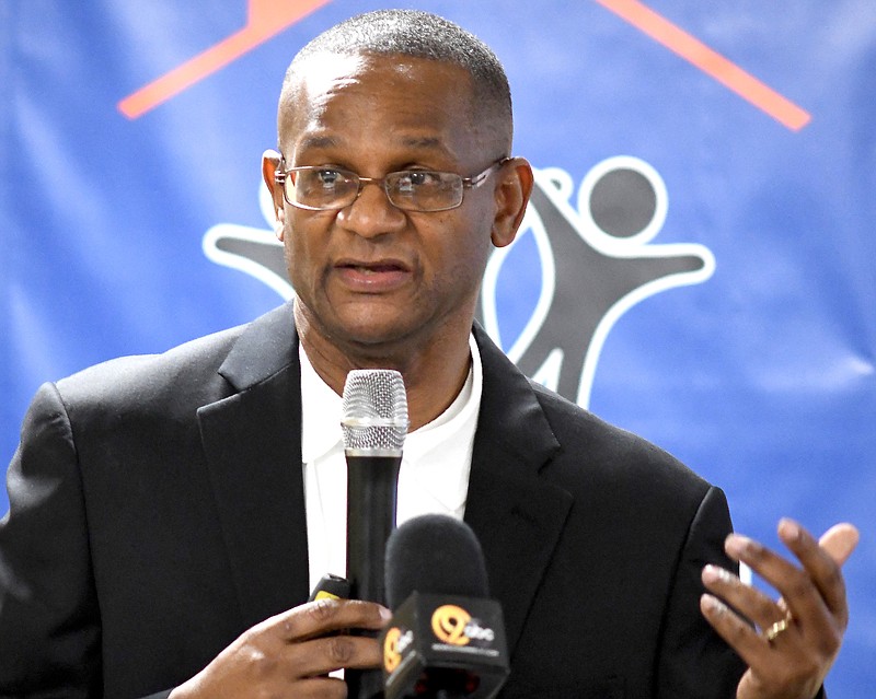 Staff Photo by Robin Rudd / Nation of Islam leader Kevin Muhammad speaks to the audience filling the Community Haven's communications center.   Muhammad and other community leaders gathered at the Community Haven, on North Hickory Street, for the relaunch of the Community Patrol on January 26, 2023.