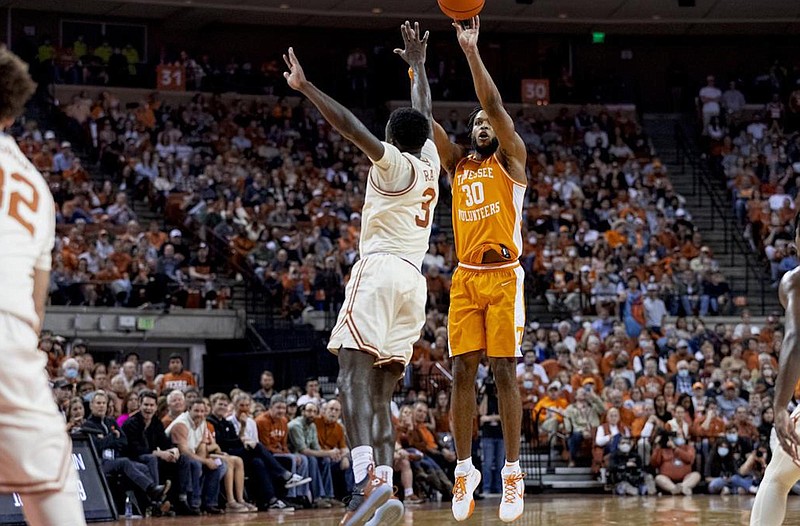 Tennessee Athletics photo by Andrew Ferguson / Tennessee guard Josiah-Jordan James (30) scored 11 points and made three 3-pointers during last season’s game against Texas in the Big 12/SEC Challenge, but he missed a 3 at the buzzer as the Longhorns prevailed 52-51.