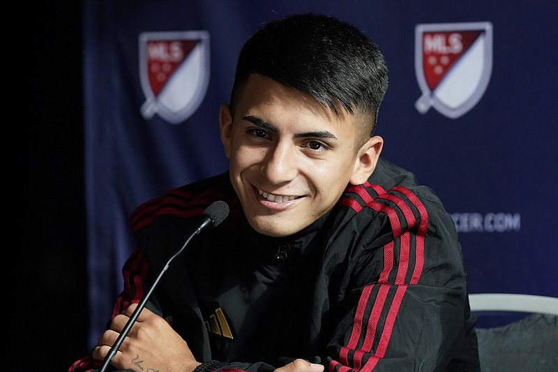 AP photo by Jeff Chiu / Atlanta United FC midfielder Thiago Almada speaks during Major League Soccer's media day on Jan. 10 in San Jose, Calif. Almada gave MLS a historic first when he became the first active MLS player on a World Cup championship team last month as Argentina won the title in Qatar.