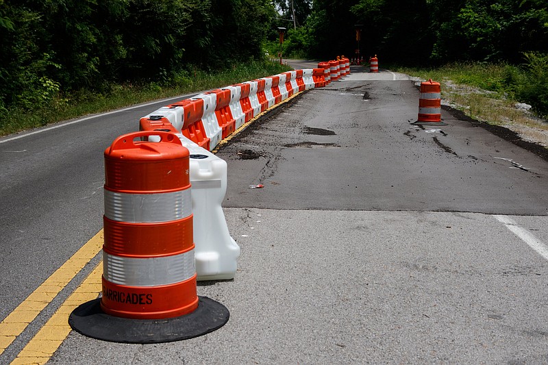Staff Photo / In 2019, a portion of Hixson's Lake Resort Drive is reduced to a single lane following damage to the roadway.