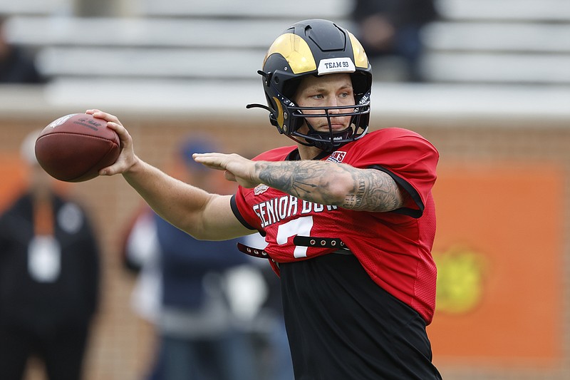 AP photo by Butch Dill / Tyson Bagent, one of the top players in Division II his final two seasons at Shepherd University in West Virginia, passes during a Senior Bowl practice Thursday in Mobile, Ala.